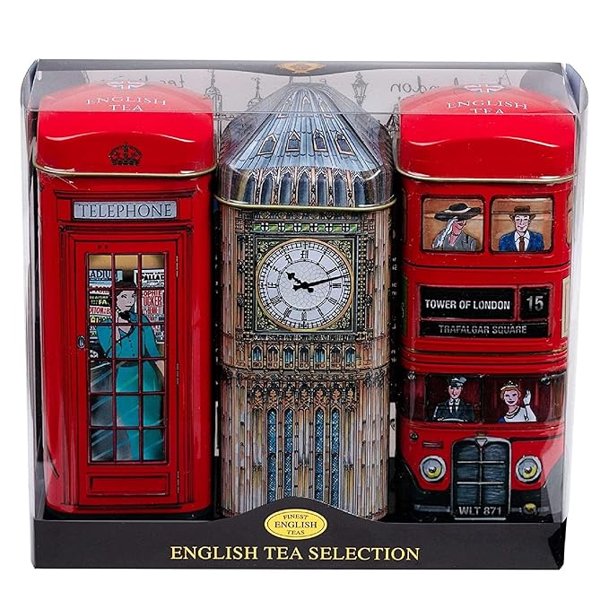 New English Teas British Souvenir 3x Tea Tins with 42 English Breakfast Teabags – Big Ben, London Bus, Telephone Box